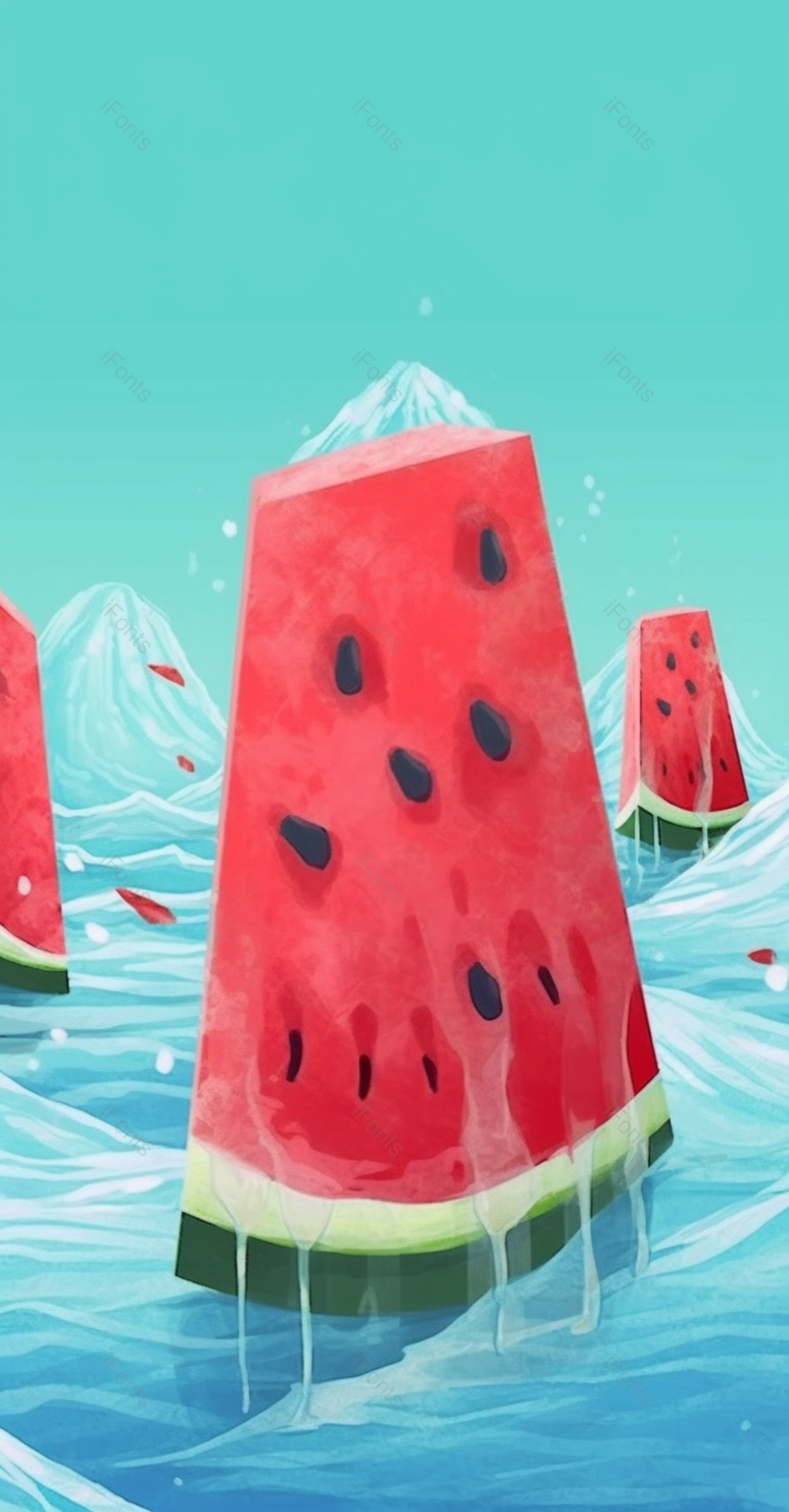 夏天夏季时分蓝色的冰雪世界冰山背景巨大的西瓜切开放在冰面上手绘插画,插画/手绘图,插画/手绘图库,插画/手绘图下载,插画/手绘